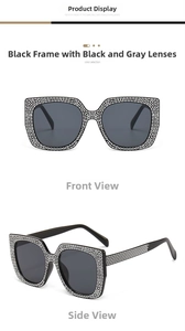 Close-up of square black sunglasses with sparkling rhinestone embellishments on the frame