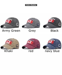 Detailed view of Canada embroidered maple leaf baseball caps in six vintage washed colors
