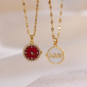 Creative gold-plated clock pendant necklace with red dial and 520 numeric engraving