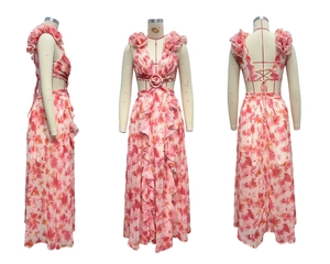 Detailed views of floral maxi dress showing deep V-neck, waist cut-outs, and open back design