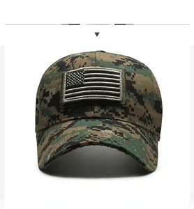 Front view of digital forest camouflage baseball cap with tactical US flag velcro patch