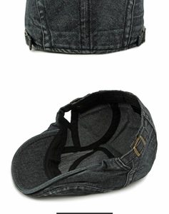 Détail du béret en jean gris avec boucle réglable en bronze et bandeau de sudation interne
