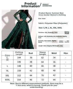 Size chart table for green embroidered evening dress with detailed length and bust measurements