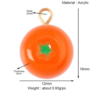 Technical drawing of a red fruit acrylic charm showing 12mm width and 16mm height specs