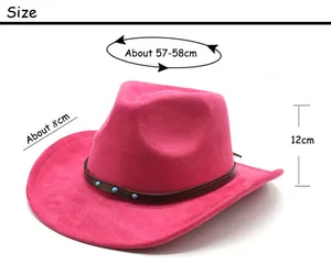 Size chart for pink faux suede western cowboy hat with crown and brim measurements