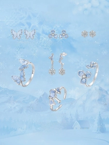 Macro view of S925 sterling silver winter jewelry collection with blue snowflake motifs