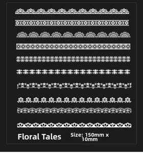 Detailed set of 10 white lace PET stickers featuring vintage floral and wave patterns