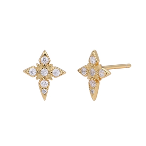 Close-up of golden S925 sterling silver four-point star earrings with zircon inlay