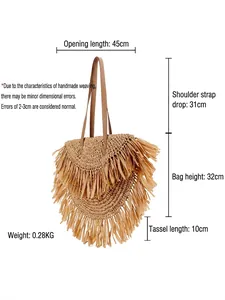 Handwoven straw tassel flap bag with leather straps for casual beach vacation style