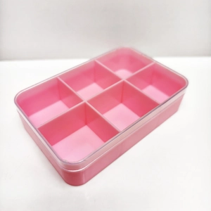 Pink six-compartment plastic storage box with transparent lid for organizing small beads