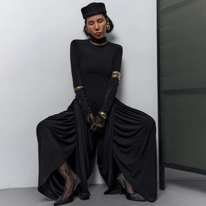Slim fit long sleeve backless jumpsuit with side slit and matching gloves in black
