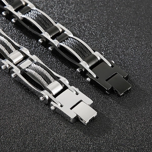 Men's titanium steel cable link bracelets in silver and black with folding safety clasps