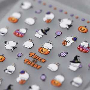 Halloween 5D nail stickers featuring cartoon rabbits, pumpkins and trick or treat designs