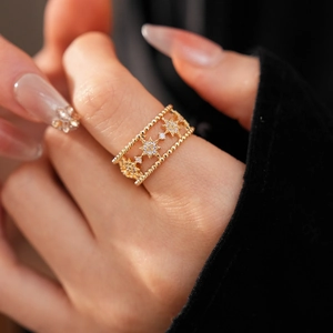 Close-up of double-layer star ring with sparkling zircons on model's hand