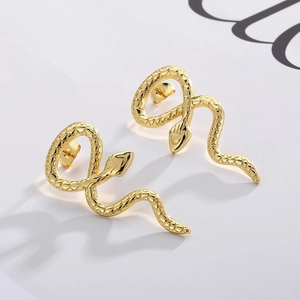 Elegant gold snake-shaped stud earrings featuring intricate scale textures and minimalist design