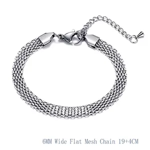 Bracelet chaîne maille plate 6mm en acier inoxydable argenté pour homme 19+4cm