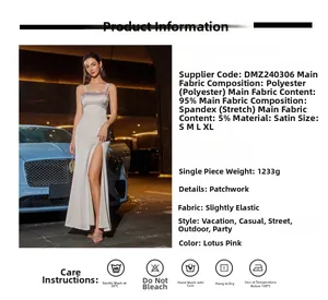 Detail list for pink sequin satin party dress showing fabric blend and care instructions