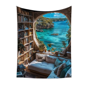 Detail of surrealist wall tapestry featuring a library bookshelf and ocean view window