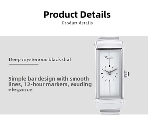 Macro view of minimalist silver rectangular watch with a sleek white dial and bar markers