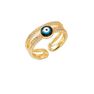 Adjustable gold double-layer evil eye ring with micro-pave zircons and colorful enamel