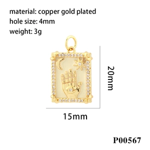 Detail view of 18k gold plated Hamsa hand rectangle pendant with zircon and dimensions