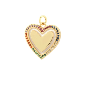 Macro detail of heart pendant with gold plating and rainbow gradient zircon stones