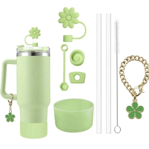 9-piece light green Stanley cup accessory set with flower straw cover and floral charms