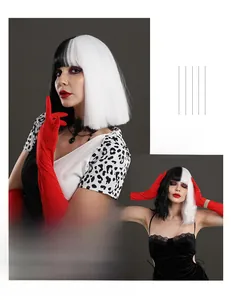 Detail of Cruella cosplay wig featuring black and white split color short bob with bangs