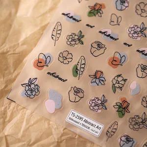 5D embossed abstract nail art stickers with 3D floral and leaf designs TS-2595