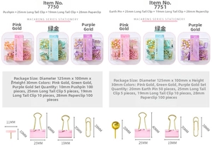 Detail of macaron pastel office stationery set with paper clips and binder clips