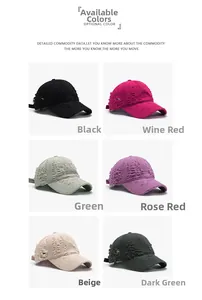 Detail display of distressed baseball caps in six vintage colors with ripped design
