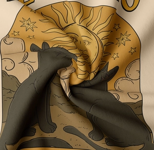 Detail of premium woven fabric showing retro cat and sun illustration with twill texture