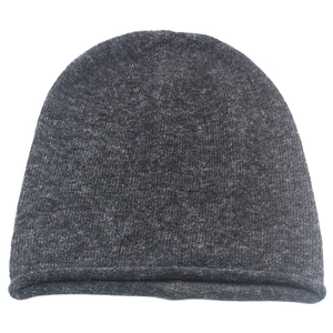 Winter rabbit fur knit hat in dark grey charcoal with stylish rolled edge and dome shape