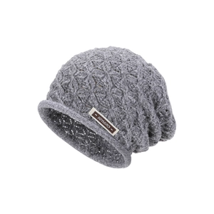 Winter grey chunky knit beanie with diamond pattern and leather patch for women