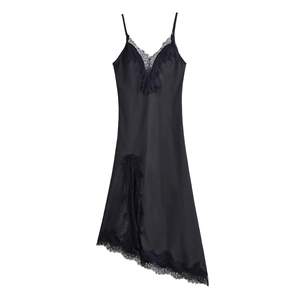 Vestito Sottoveste In Raso Bordo In Pizzo Scollo A V Spalline Sottili Nero Tinta Unita Vestito Midi Sexy Elegante Da Donna