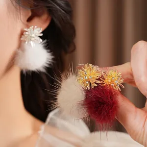Elegant snowflake earrings with sparkling zircons and soft plush fur balls in 3 colors