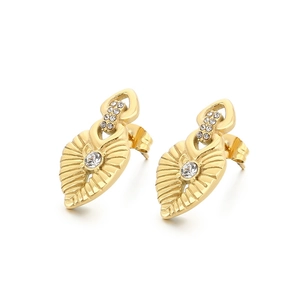 French minimalist gold leaf heart earrings with cubic zirconia on white background