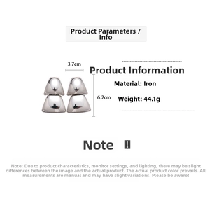 Silver geometric trapezoid earrings detail with dimensions 3.7cm by 6.2cm and iron material