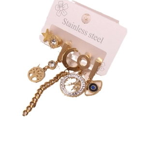 Gold stainless steel earring set with Roman numerals, tree of life, and evil eye charms