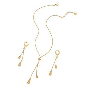 Minimalist gold stainless steel water drop tassel necklace and earring set on white background