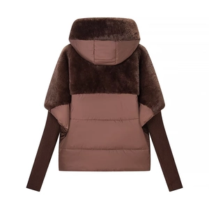 Women's brown hooded jacket with faux fur patchwork and quilted back design