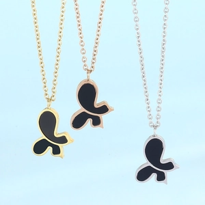 Butterfly Pendant Necklace Stainless Steel Black Enamel Asymmetric Jewelry For Women Elegant Ins Style Gift