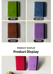 Detailed view of PU leather passport covers featuring embossed world map and elastic band
