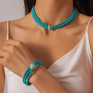Close-up of triple-layer green stone bead choker necklace and bracelet set on a model