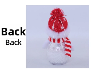Rear view of the Christmas snowman jar featuring a red knit hat and striped scarf