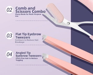 Detail of pink eyebrow trimmer set featuring scissors with comb and precision tweezers