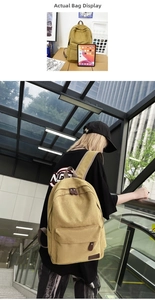 Canvas backpack size comparison with tablet featuring a large main pocket and side compartments