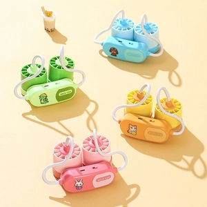 Portable cartoon neck fan with dual heads and USB charging in four vibrant colors