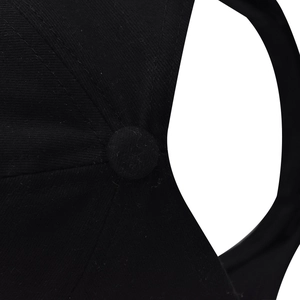 Detail of a black cotton baseball cap showing the top button and six-panel stitching