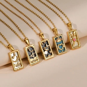 Gold plated stainless steel tarot card necklaces with crystals and enamel pendants
